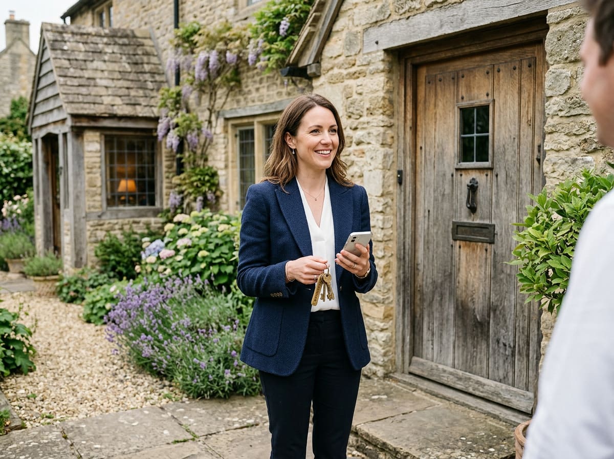 Une agente immobilière, téléphone à la main, devant la porte d’une maison en pierre.