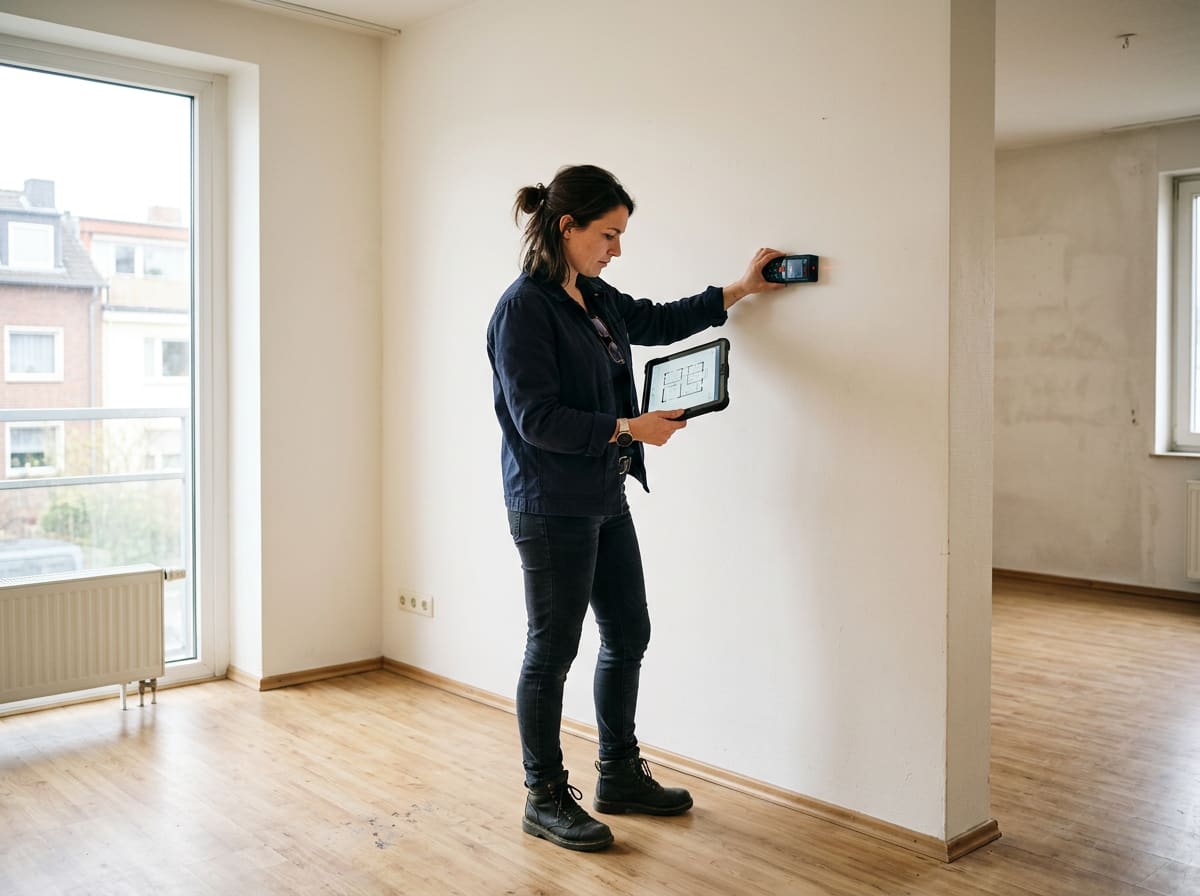 Une diagnostiqueuse relève les mesures d’un appartement vide, une tablette à la main.