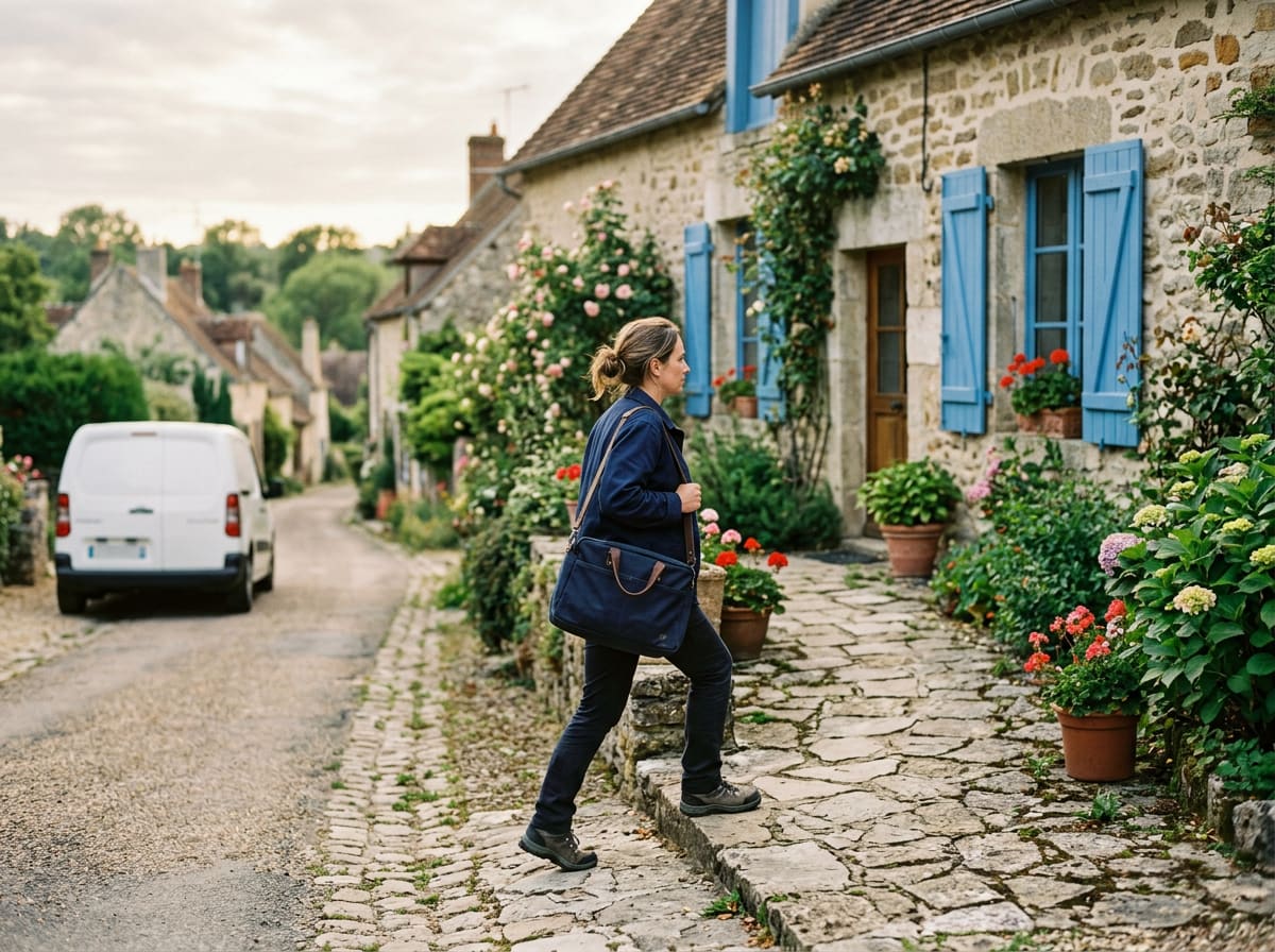 Une diagnostiqueuse, sac à l’épaule, marche vers une maison de village aux volets bleus, sa camionnette garée derrière elle.