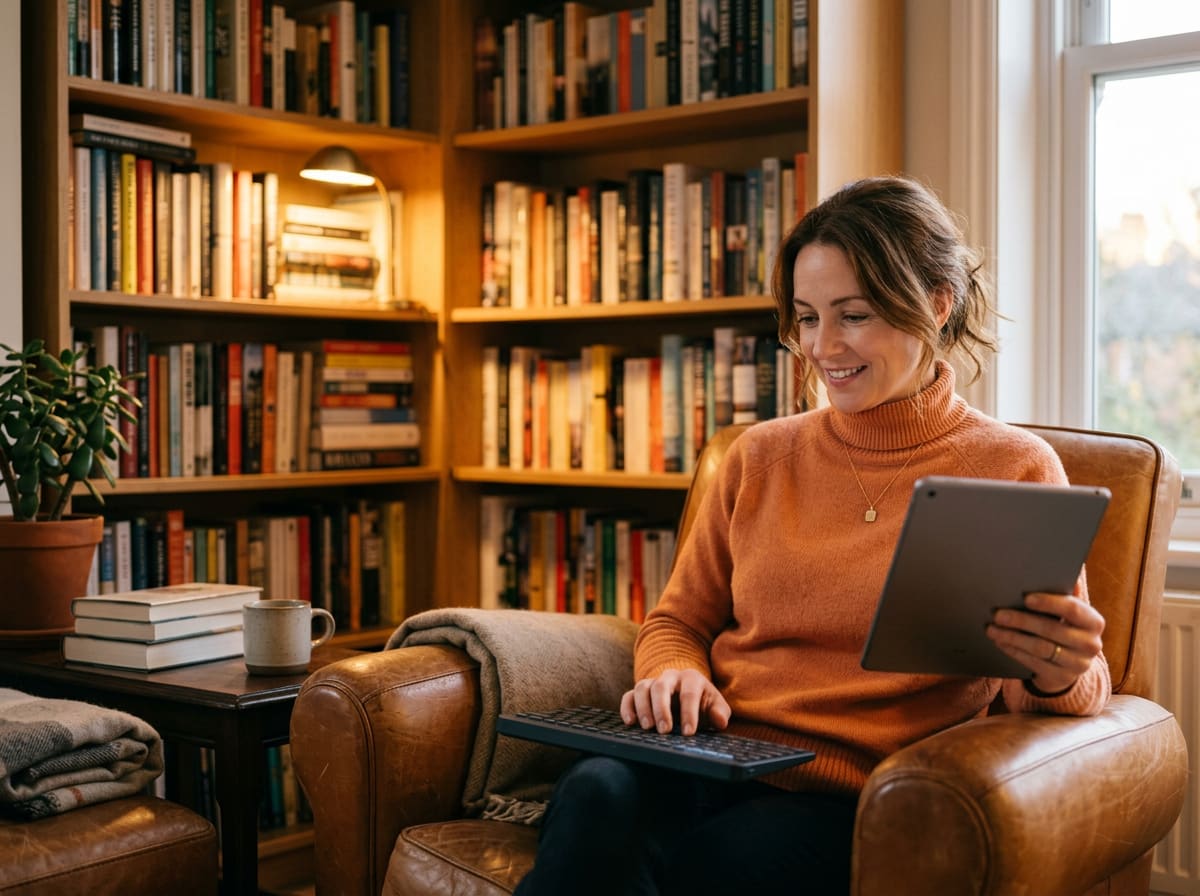Une gérante souriante lit sur une tablette dans un fauteuil en cuir, devant une bibliothèque.
